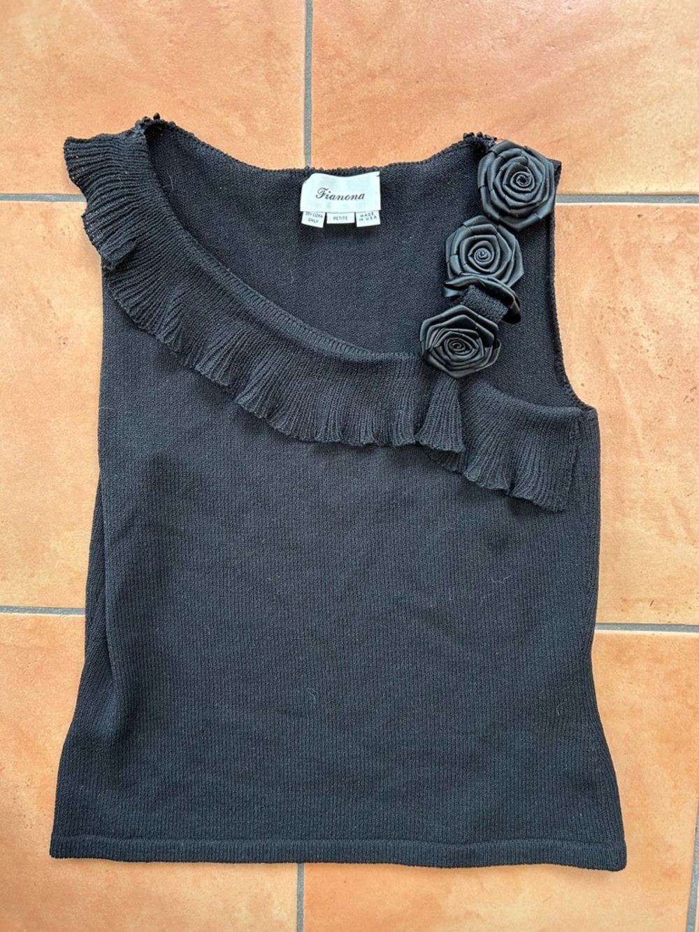 Black Sleeveless Ruffle Tank with Rose Appliqués